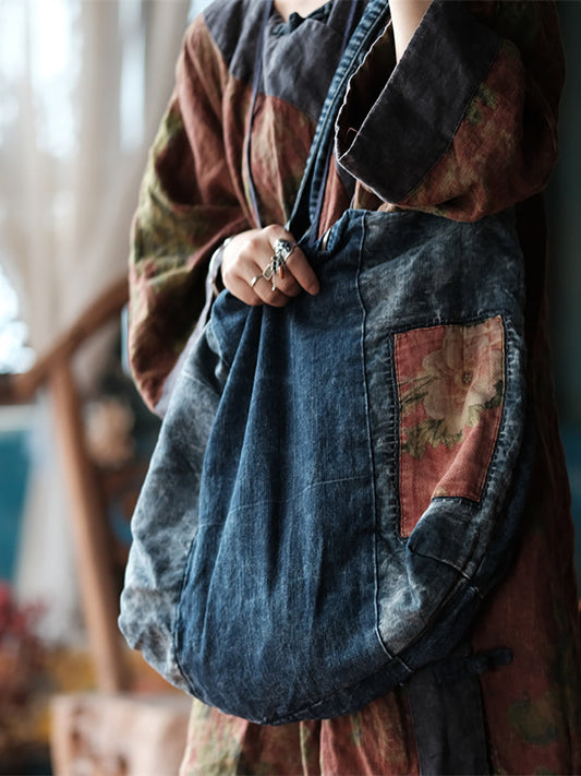 Vintage Denim Spliced Women Shoulder Bag