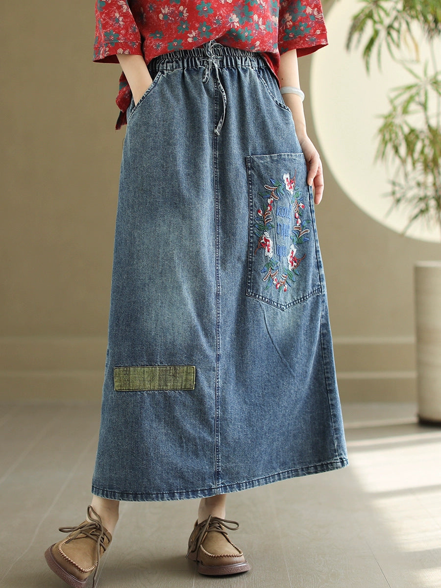Women Artsy Flower Embroidery Denim Skirt