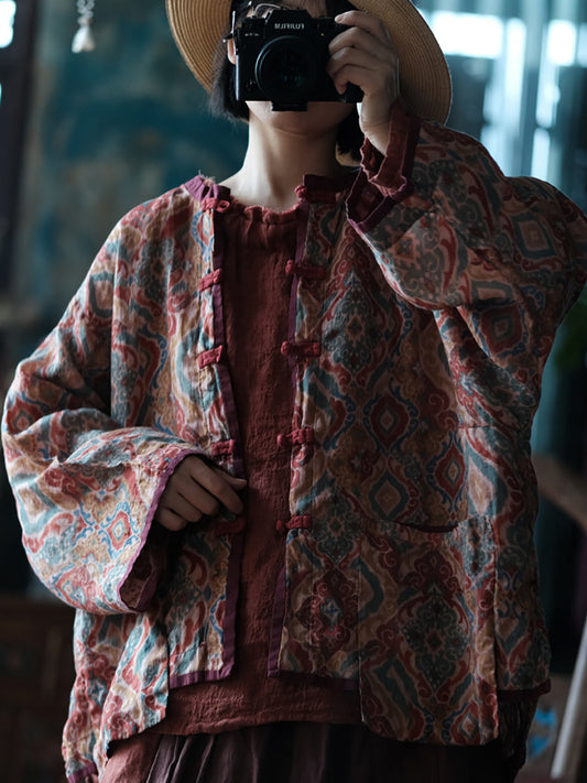 Women Vintage Spring Colorblock Flower Ramie Shirt Coat
