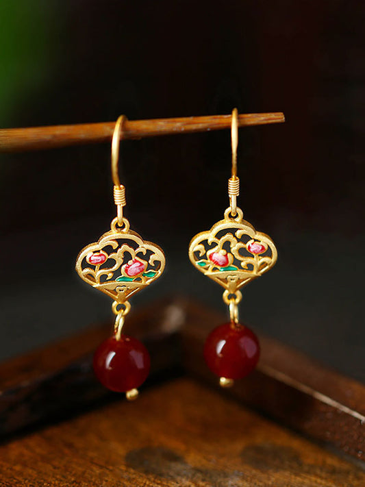 Women Vintage Alloy Red Jade Earrings
