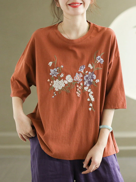 Women Summer Flower Embroidery Cotton O-Neck Shirt