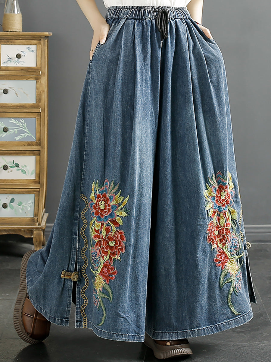 Women Summer Artsy Flower Embroidery Wide-leg Denim Pants