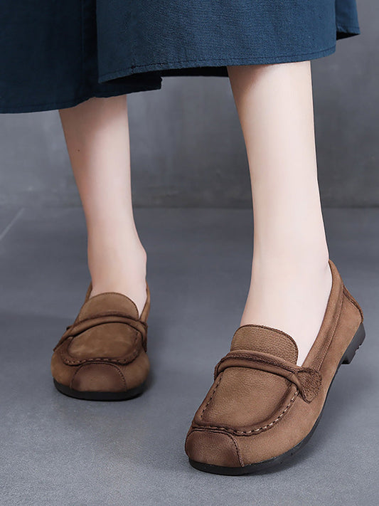 Women Vintage Leather Square-Toe Flat Shoes