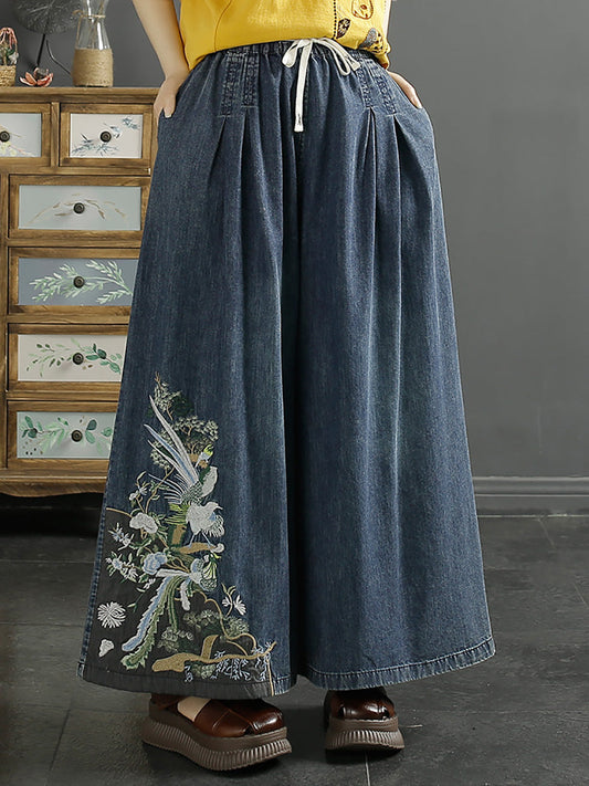 Women Vintage Ethnic Embroidery Wide-leg Denim Pants