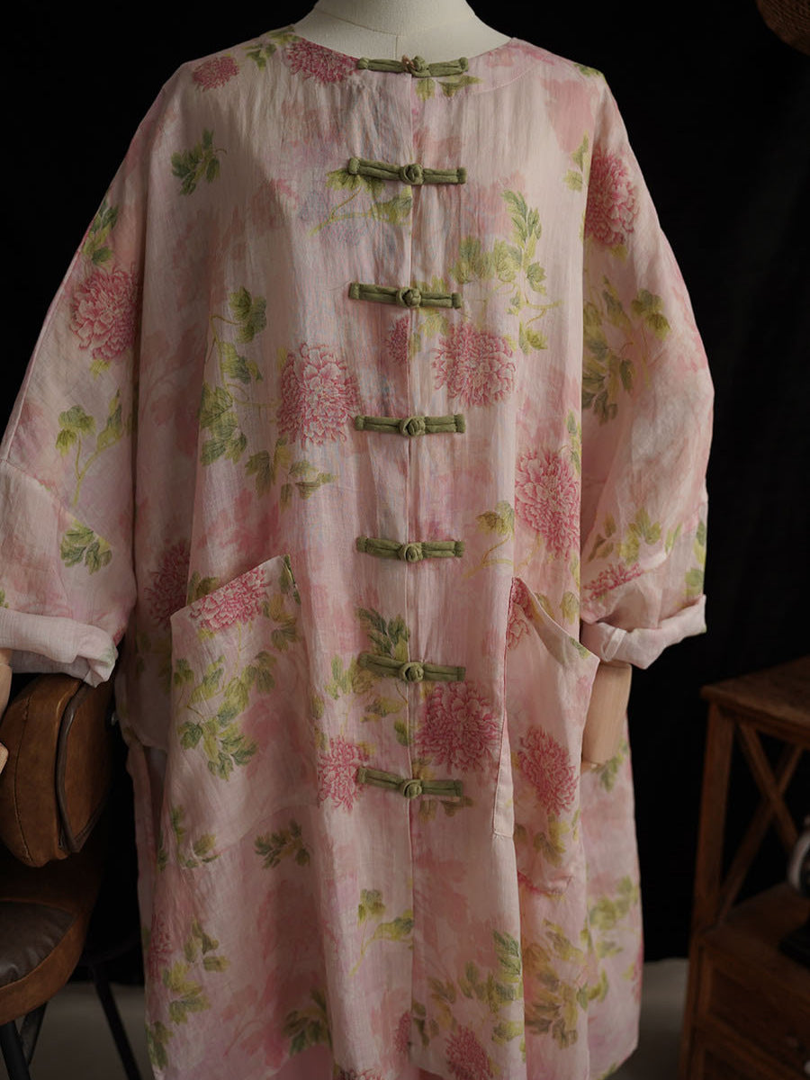 Women Vintage Ramie Flower Button-Up Long Shirt