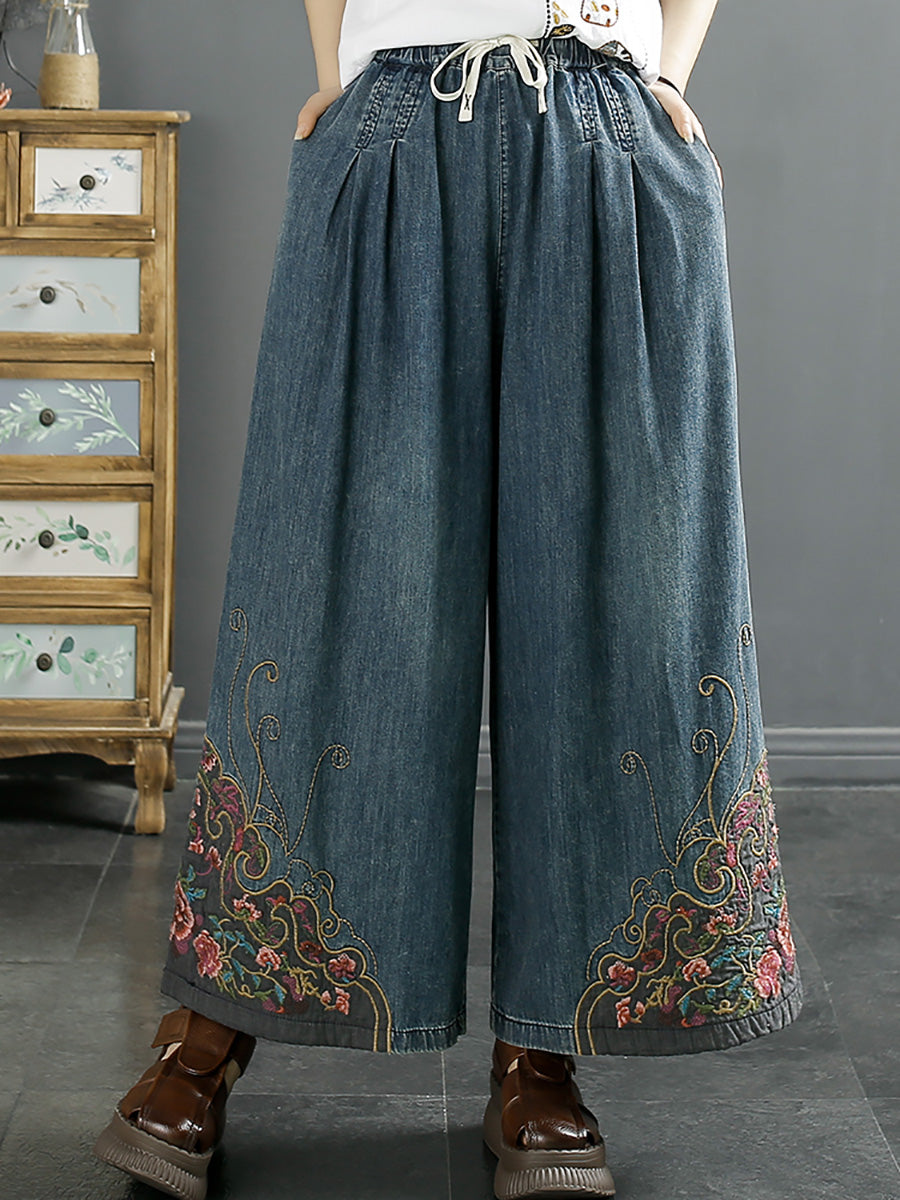 Women Vintage Summer Embroidery Wide-leg Denim Pants