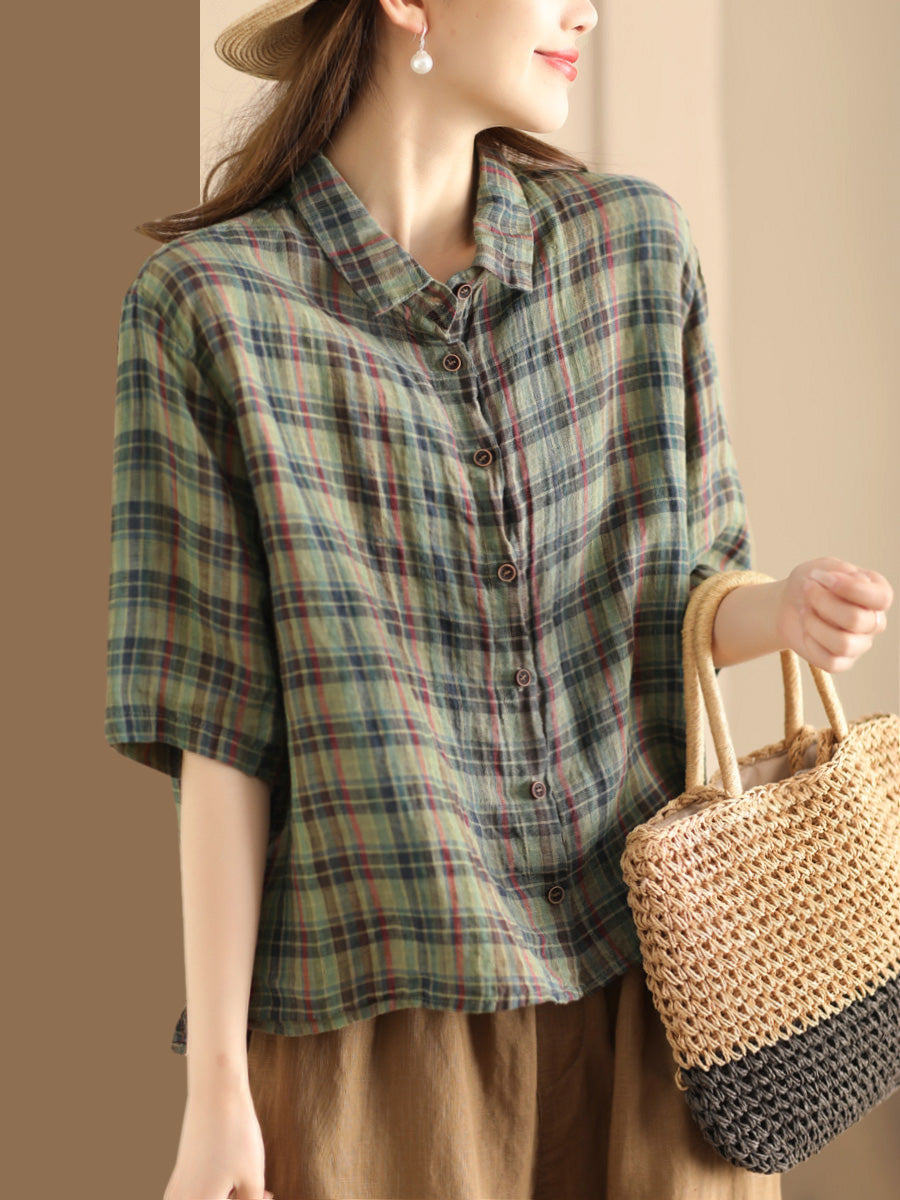 Women Artsy Plaid Summer Button-up Linen Shirt