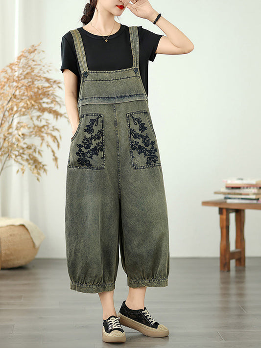 Women Summer Flower Embroidery Denim Long Jumpsuits