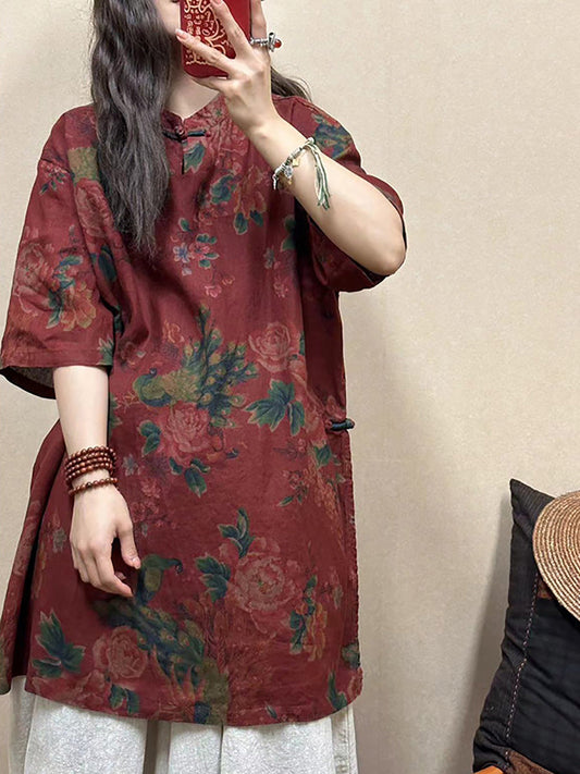 Women Vintage Flower Linen Summer Long Shirt