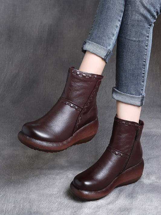 Women Genuine Leather Pure Color Platform Boots