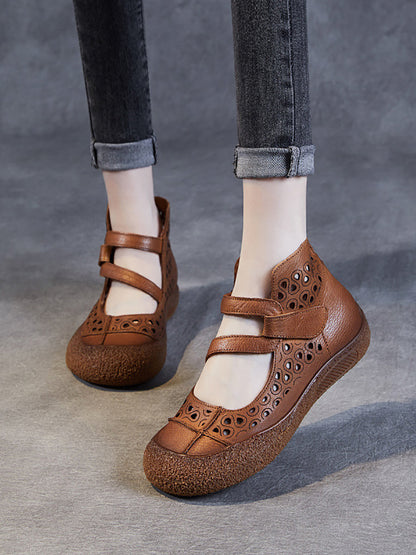 Women Summer Vintage Cutout Leather Flat Sandals