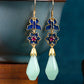 Women Vintage Enamel Flower Jade Copper Earrings