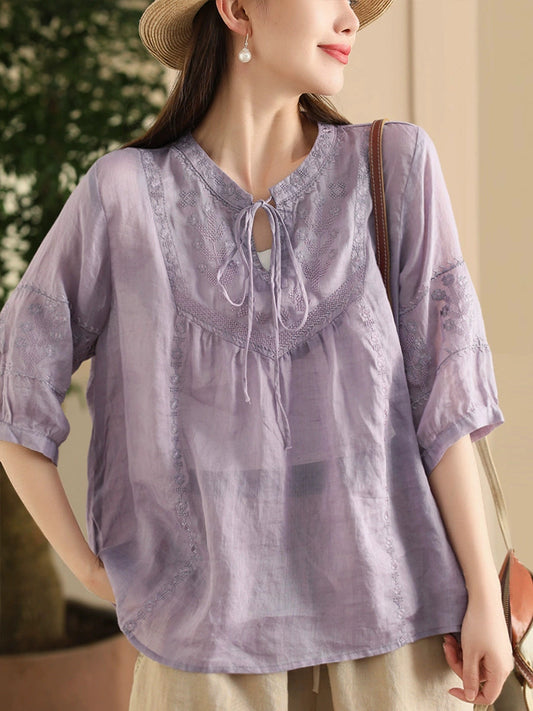 Women Summer Vintage Embroidery O-Neck Strap Ramie Shirt