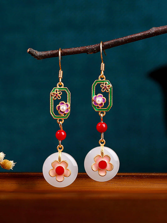 Women Ethnic Jade Cloisonne Flower Sliver Earrings