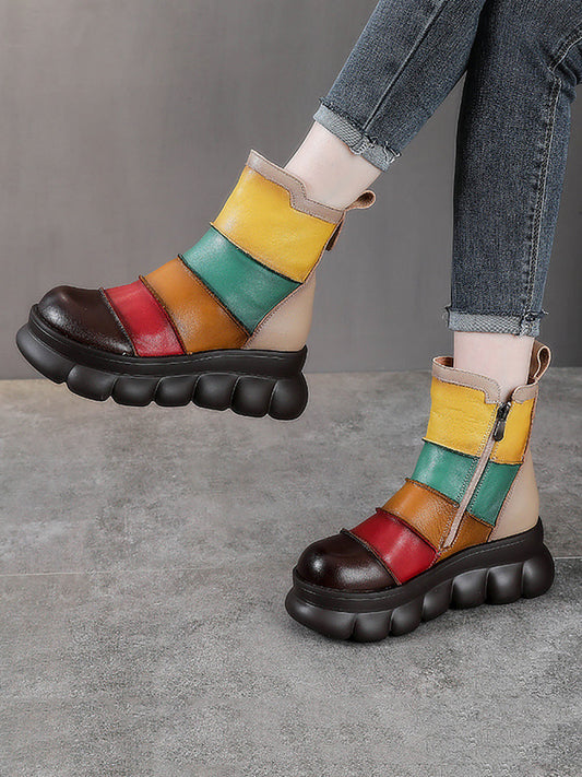 Women Casual Colorblock Leather Spliced Ankle Boots