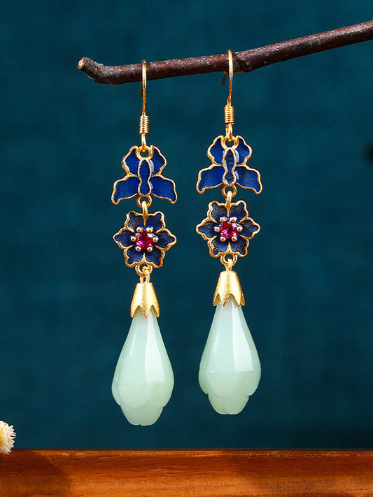 Women Vintage Enamel Flower Jade Copper Earrings