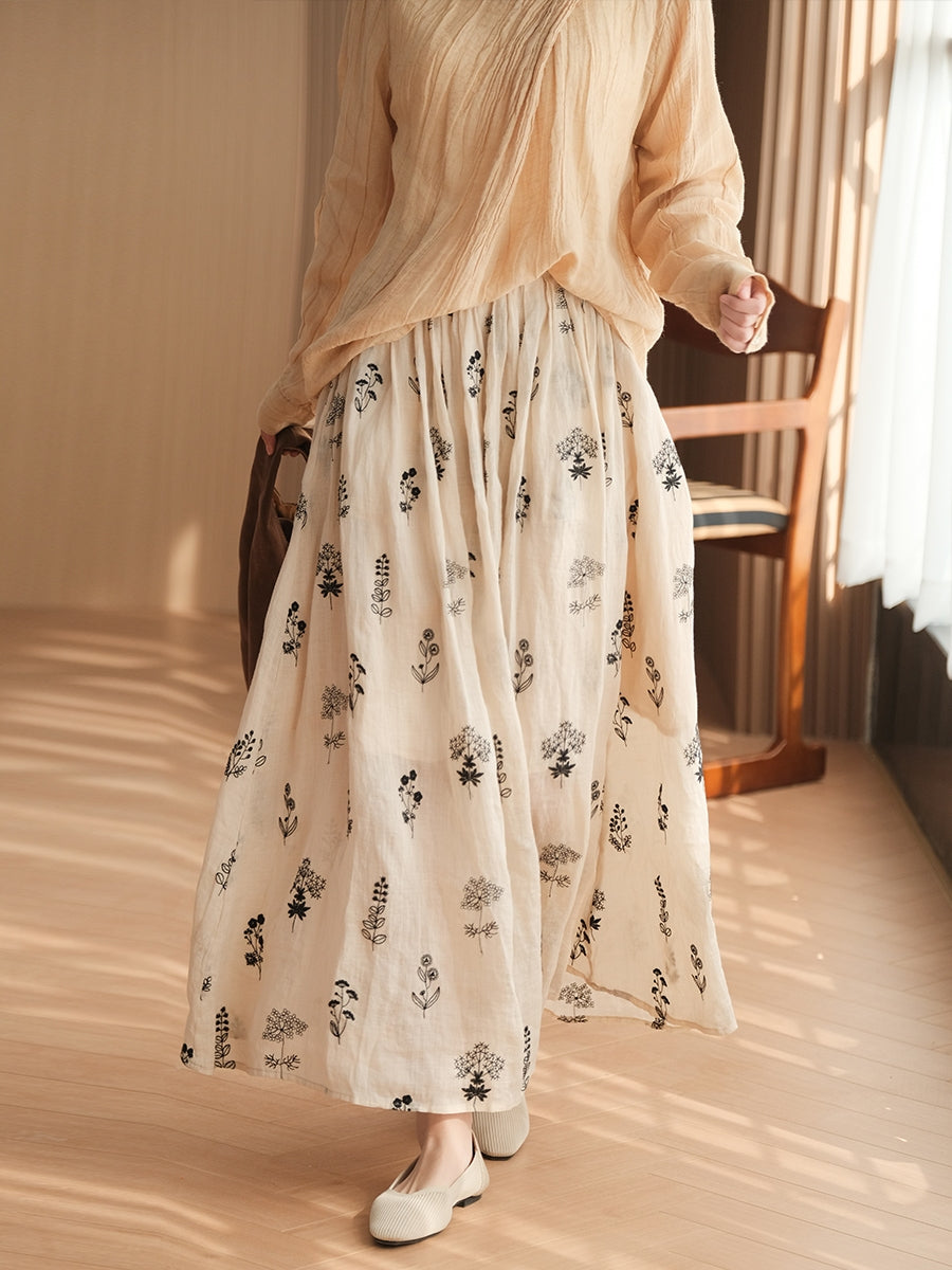 Women Retro Floral Ramie Summer Skirt