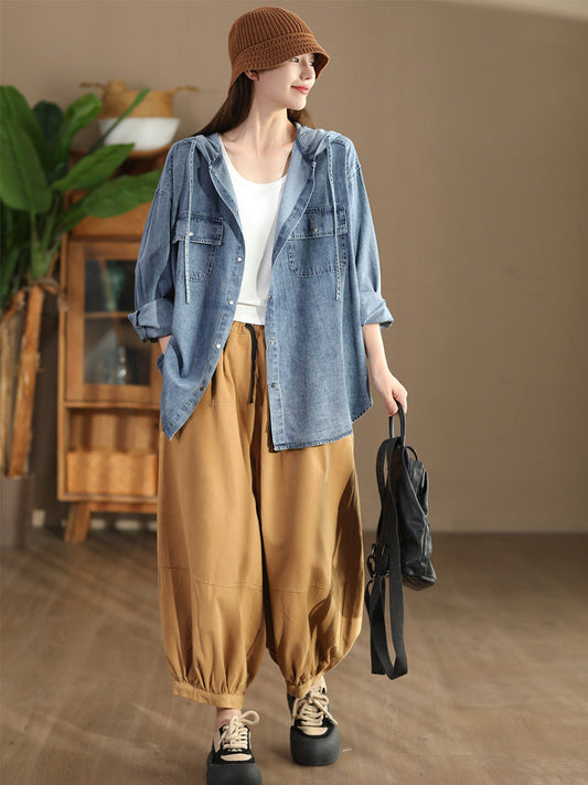 Women Casual Solid Autumn Pocket Denim Hooded Coat
