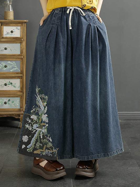 Women Vintage Ethnic Embroidery Wide-leg Denim Pants