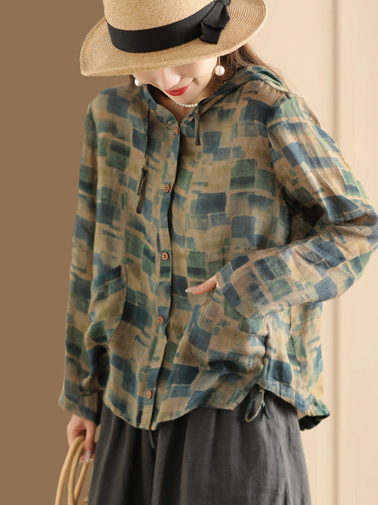Women Spring Artsy Flower Button-Up Hooded Shirt