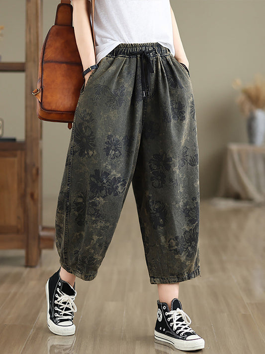 Women Summer Vintage Flower Denim Harem Pants