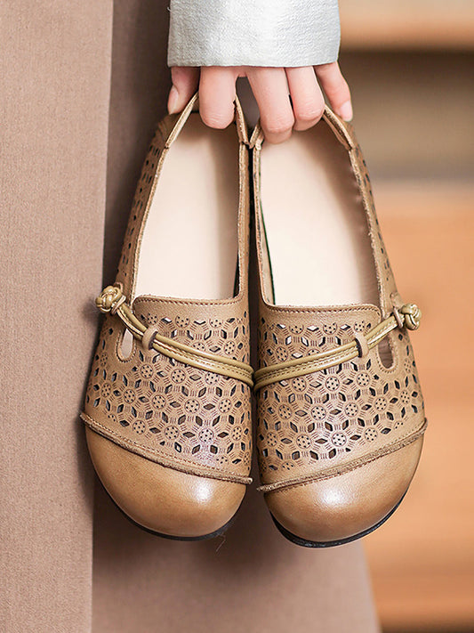 Women Summer Vintage Leather Cutout Soft Flat Shoes