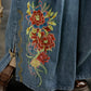 Women Summer Artsy Flower Embroidery Wide-leg Denim Pants