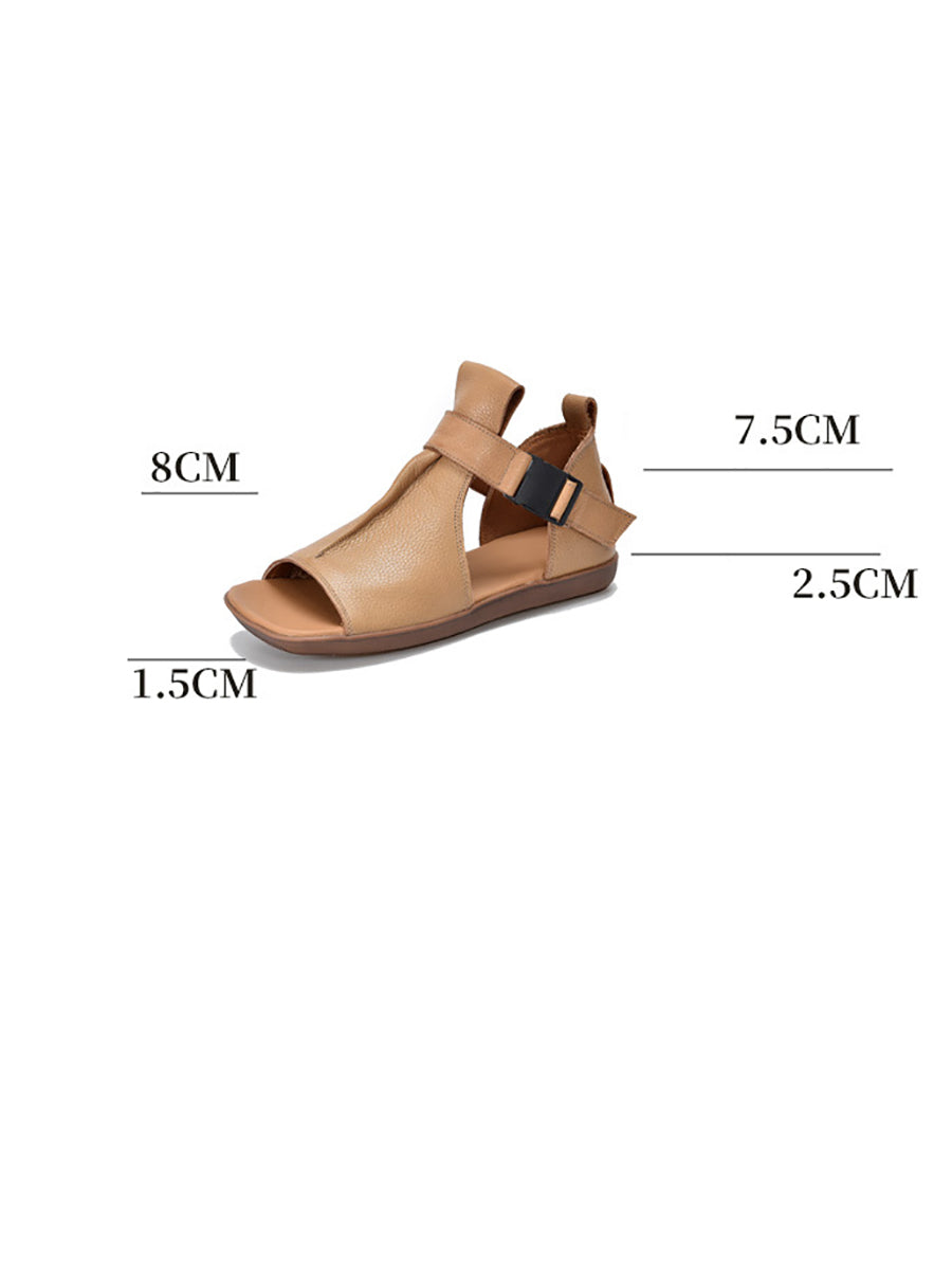 Women Summer Solid Leather Open-toe Flat Shoes
