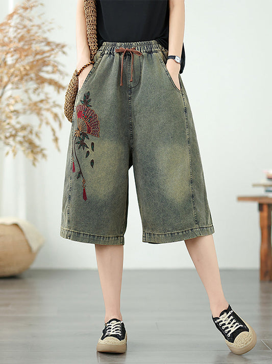 Women Retro Flower Embroidery Denim Straight Fifth Pants