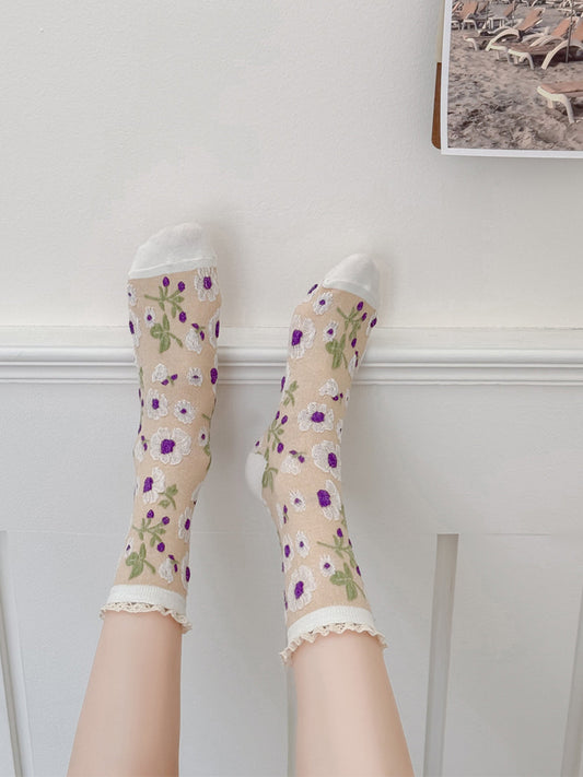 5 Pairs Women Artsy Flower Jacquard Lace Socks