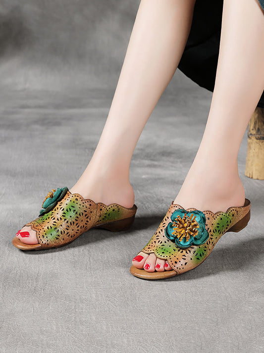 Women Vintage Flower Leather Spliced Low Heel Slippers