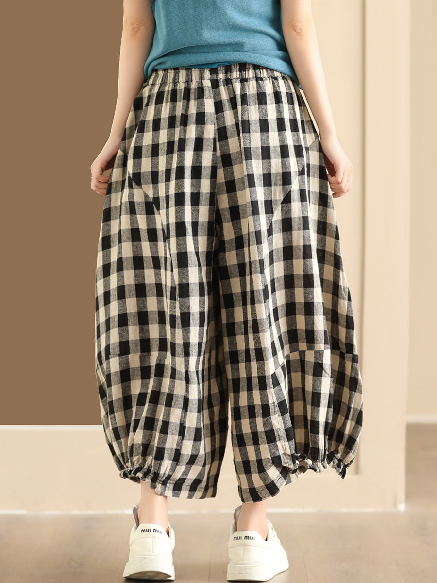 Women Casual Plaid Spliced Loose Bloomers