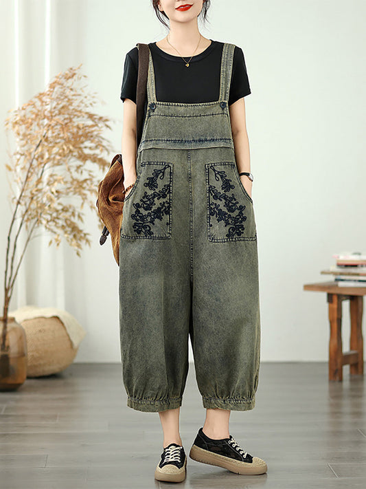 Women Summer Flower Embroidery Denim Long Jumpsuits