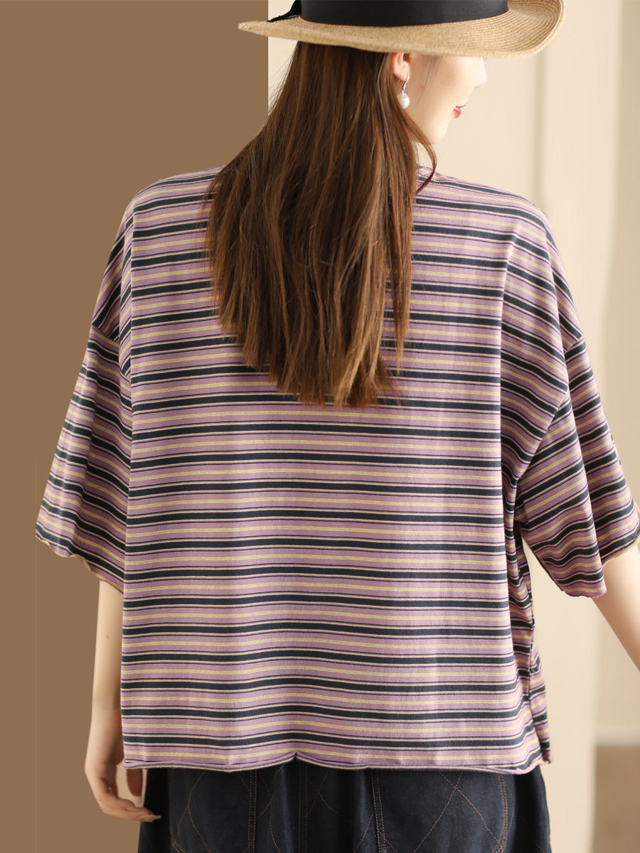Women Casual Summer Stripe Spliced Loose Shirt