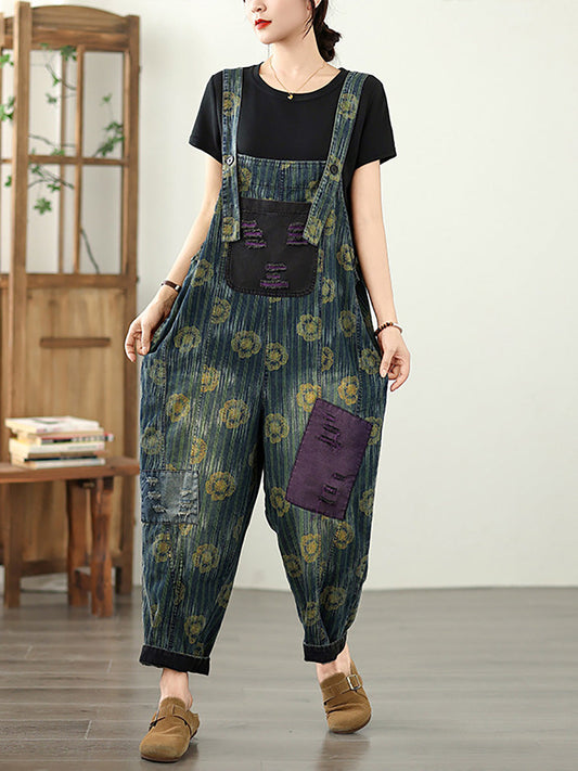 Women Summer Worn Flower Denim Patch Frayed Jumpsuits