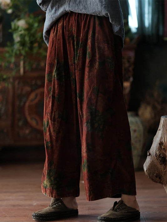 Women Autumn Retro Flower Cotton Wide-leg Pants