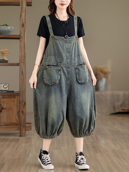 Women Retro Summer Solid Pocket Denim Jumpsuits