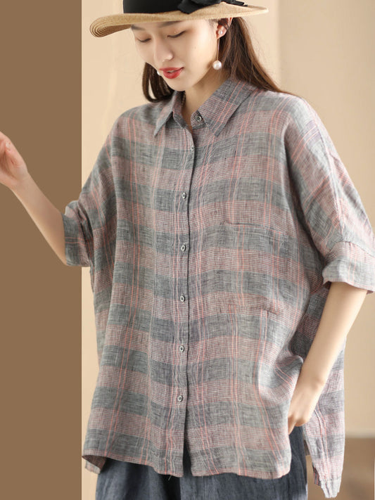 Women Retro Summer Plaid Linen Button-Up Blouse