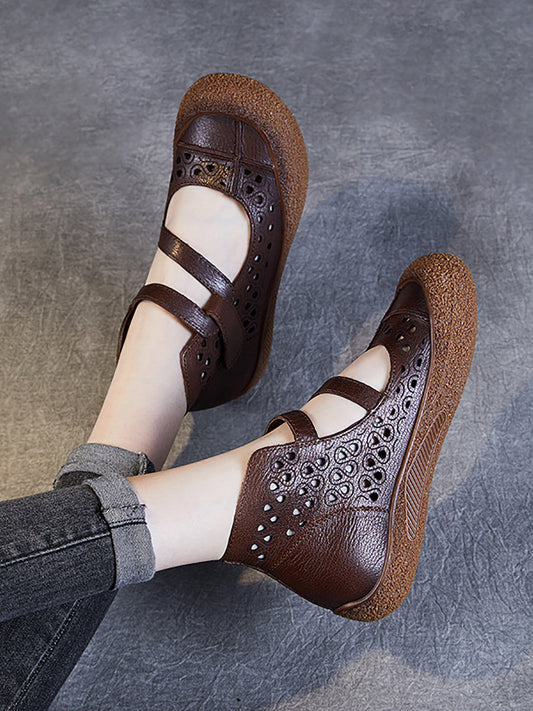 Women Summer Vintage Cutout Leather Flat Sandals