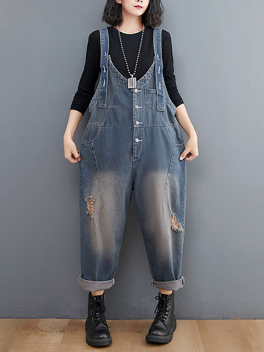 Women Vintage Frayed Denim Jumpsuits