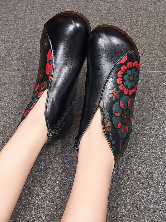 Women Vintage Flower Leather Spliced Ankle Boots