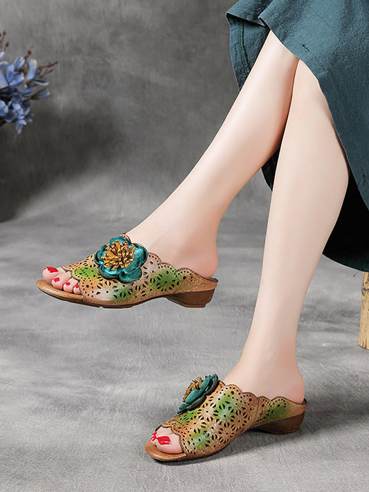 Women Vintage Flower Leather Spliced Low Heel Slippers