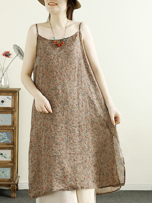 Women Summer Vintage Flower Ramie Vest Dress