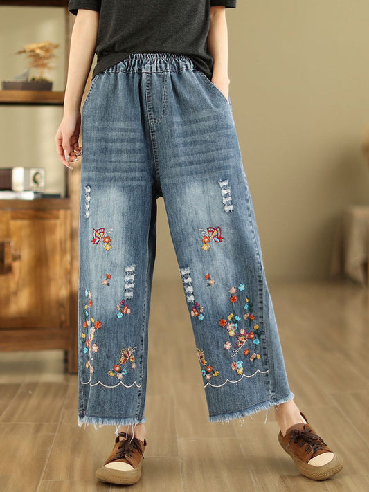 Women Summer Retro Embroidery Frayed Straight Denim Pants