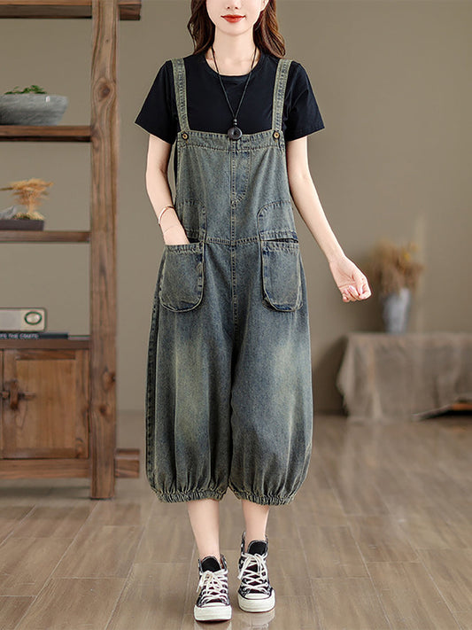 Women Retro Summer Solid Pocket Denim Jumpsuits