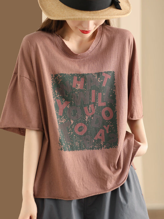 Women Summer Casual Print O-Neck Loose Cotton Shirt