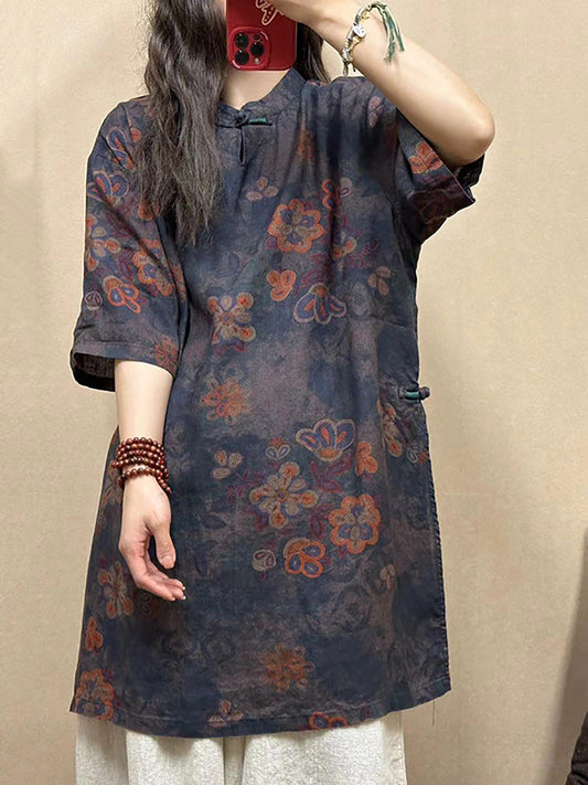 Women Vintage Flower Linen Summer Long Shirt