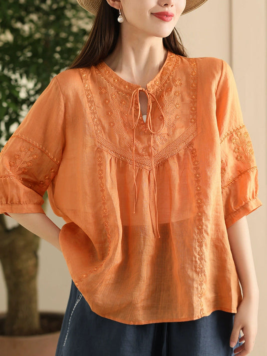 Women Summer Vintage Embroidery O-Neck Strap Ramie Shirt