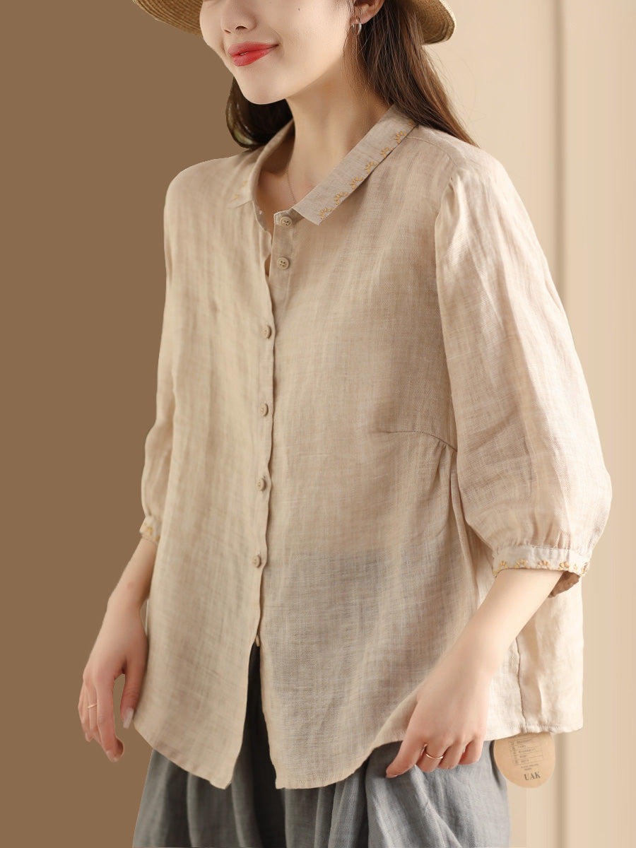Women Summer Artsy Embroidery Button-Up Ramie Shirt