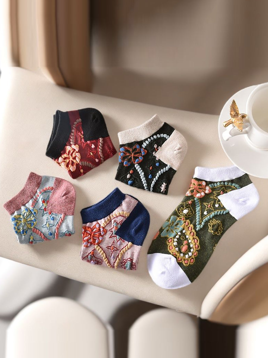 5 Pairs Women Summer Flower Jacquard Short Socks